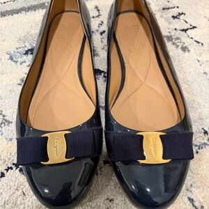 Salvatore Ferragamo Women's Navy Patent Leather Flats with Gold Accent